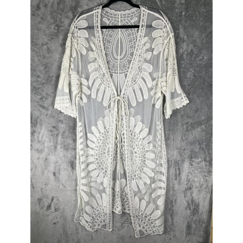 Unbranded Lace Kimono Duster Cardigan Womens OS White EUC Boho Mesh Embroidered